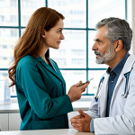 비만 약물 치료 부작용 - "A professional doctor, wearing modest clothing, discussing medication with a patient in a well-lit ...