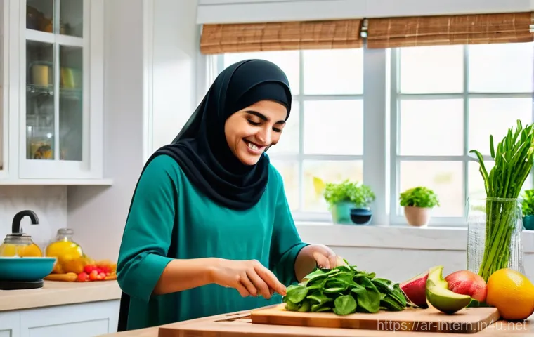 지방간 치료 방법 - **Prompt:** A vibrant and warm scene in a modern, spacious kitchen of an Arab home. An Arab mother i...