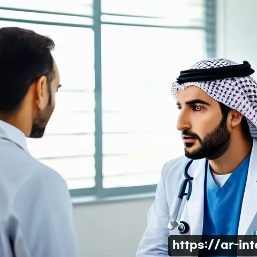 내과 의사 추천 - A professional Arab internal medicine doctor in a modern clinic setting, attentively listening to a ...