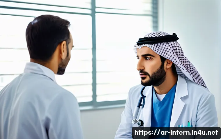 내과 의사 추천 - A professional Arab internal medicine doctor in a modern clinic setting, attentively listening to a ...