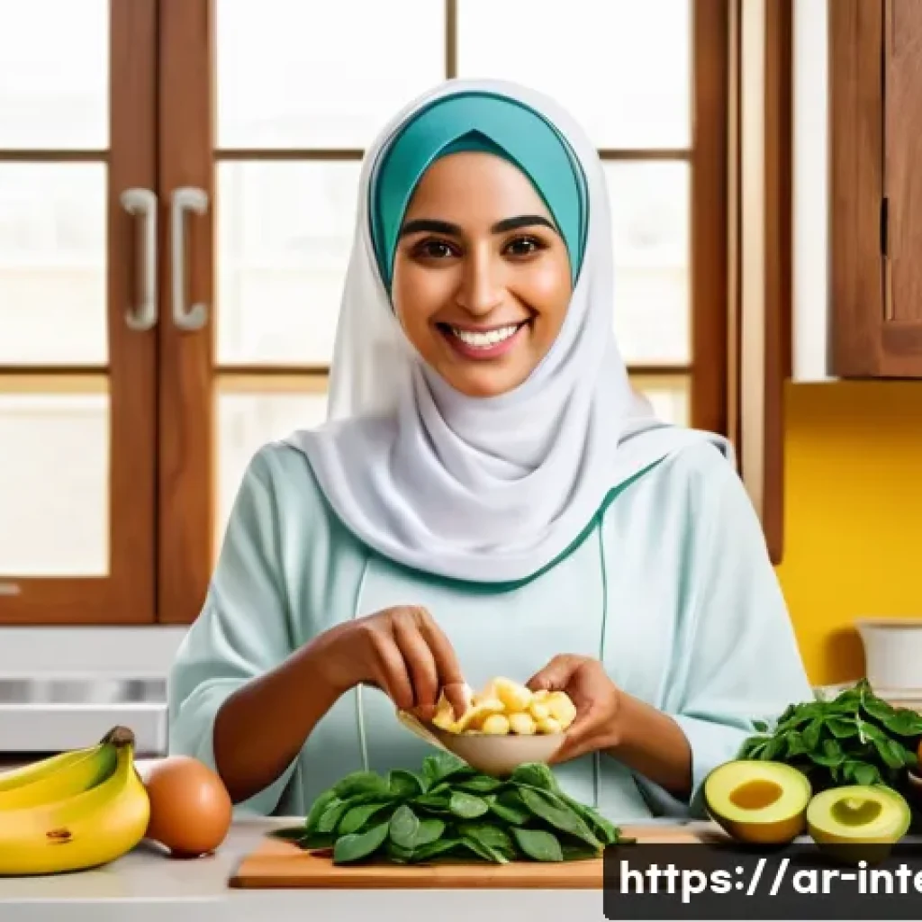혈압 낮추는 생활 습관 - A vibrant kitchen scene featuring a Middle Eastern woman in modest attire preparing a heart-healthy ...