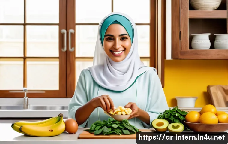 혈압 낮추는 생활 습관 - A vibrant kitchen scene featuring a Middle Eastern woman in modest attire preparing a heart-healthy ...