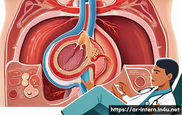 위장염과 위염 차이 - A detailed medical illustration of the human stomach showing acute gastritis symptoms: sharp, sudden...