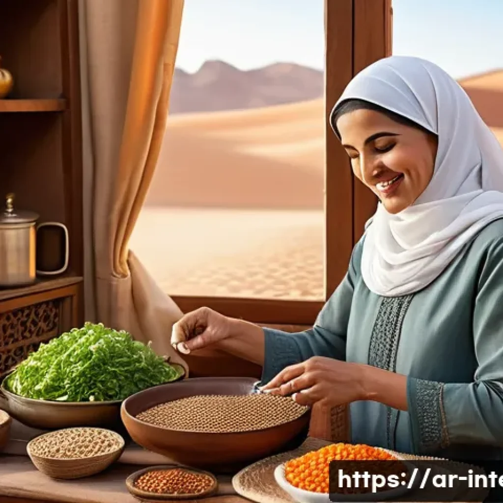 복부 팽만감 원인 - A cozy, softly lit Arabic kitchen scene showing a middle-aged Arab woman wearing modest, traditional...