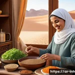 Home 22 복부 팽만감 원인 - A cozy, softly lit Arabic kitchen scene showing a middle-aged Arab woman wearing modest, traditional...