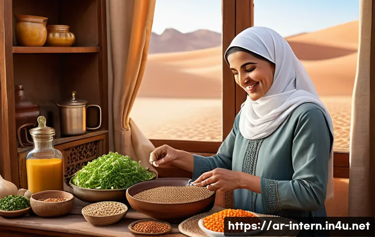 복부 팽만감 원인 - A cozy, softly lit Arabic kitchen scene showing a middle-aged Arab woman wearing modest, traditional...