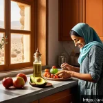Home 21 고지혈증 예방법 - A vibrant Middle Eastern kitchen scene showing a woman in modest traditional attire cooking a health...