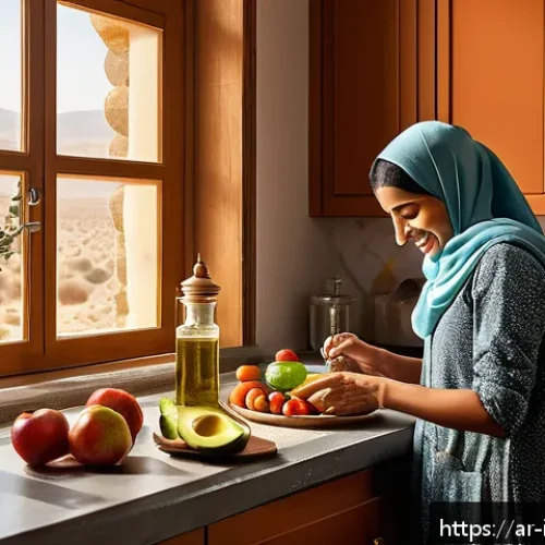 Home 33 고지혈증 예방법 - A vibrant Middle Eastern kitchen scene showing a woman in modest traditional attire cooking a health...