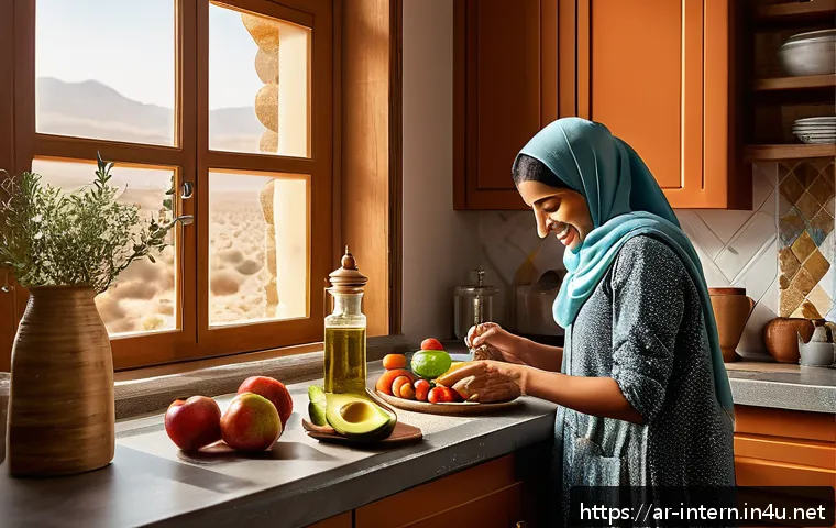 고지혈증 예방법 - A vibrant Middle Eastern kitchen scene showing a woman in modest traditional attire cooking a health...