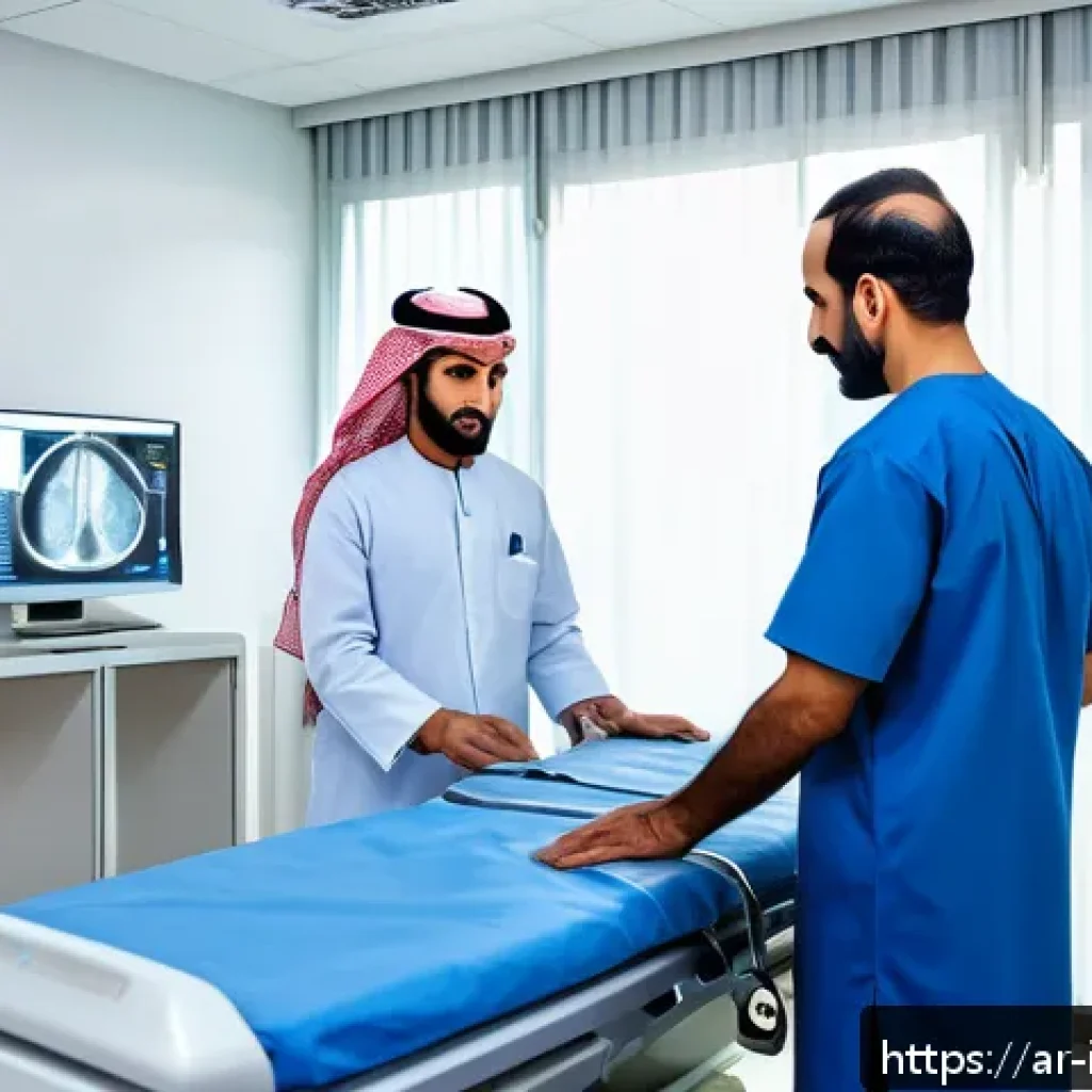 내과 종합 검진 가격 - A modern medical clinic interior in a bustling Middle Eastern city, featuring advanced diagnostic eq...