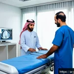 Home 20 내과 종합 검진 가격 - A modern medical clinic interior in a bustling Middle Eastern city, featuring advanced diagnostic eq...