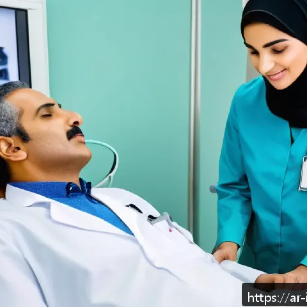 갑상선결절 진단과 치료 - A detailed medical clinic scene in Saudi Arabia showing an Arab male doctor performing a thyroid ult...