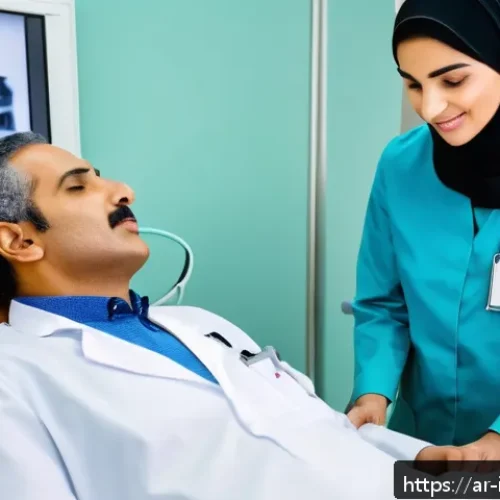 Home 17 갑상선결절 진단과 치료 - A detailed medical clinic scene in Saudi Arabia showing an Arab male doctor performing a thyroid ult...