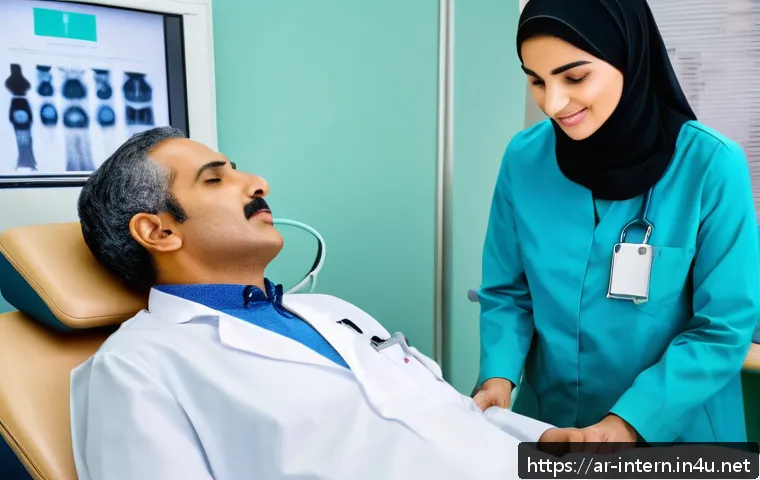 갑상선결절 진단과 치료 - A detailed medical clinic scene in Saudi Arabia showing an Arab male doctor performing a thyroid ult...