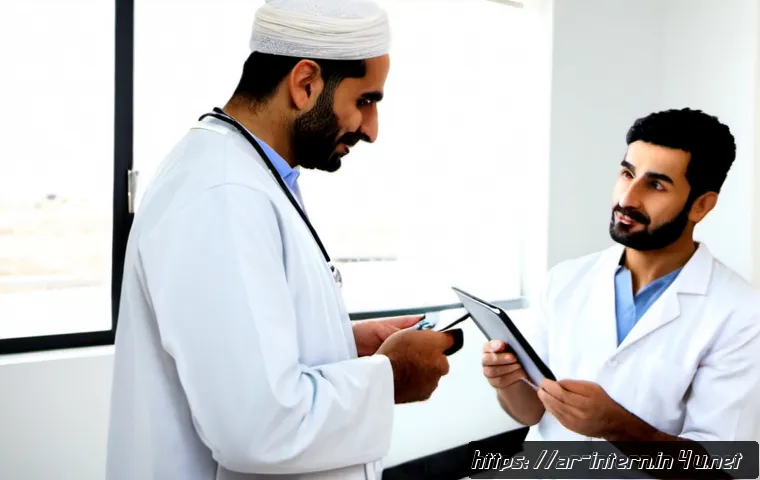 내과 진료 보험 적용 - Photorealistic Arab middle-aged man in modest everyday clothing consulting a compassionate internal ...