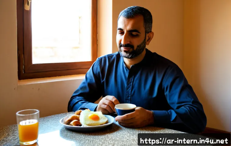 Home 17 위궤양 초기 증상 - Photorealistic Middle Eastern Arab man in his early 40s sitting at a tidy breakfast table in a warm ...