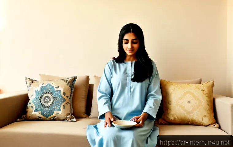 소화불량 완화 마사지 - Photorealistic wellness scene of a modest Arab woman in comfortable long-sleeved home clothing, seat...