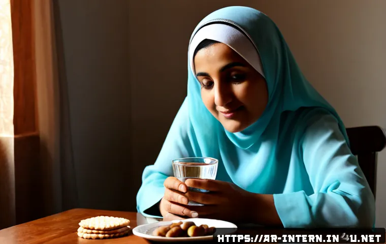 위장 장애 완화 방법 - Photorealistic morning scene in a tidy Arab family kitchen, a middle-aged Arab woman in modest comfo...